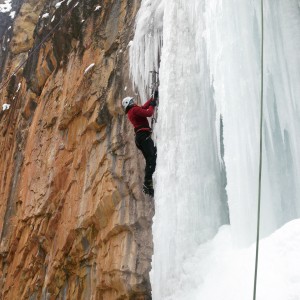 Climbing ice on the Far Left of the Final Curtain in Rifle Mountain Park.
